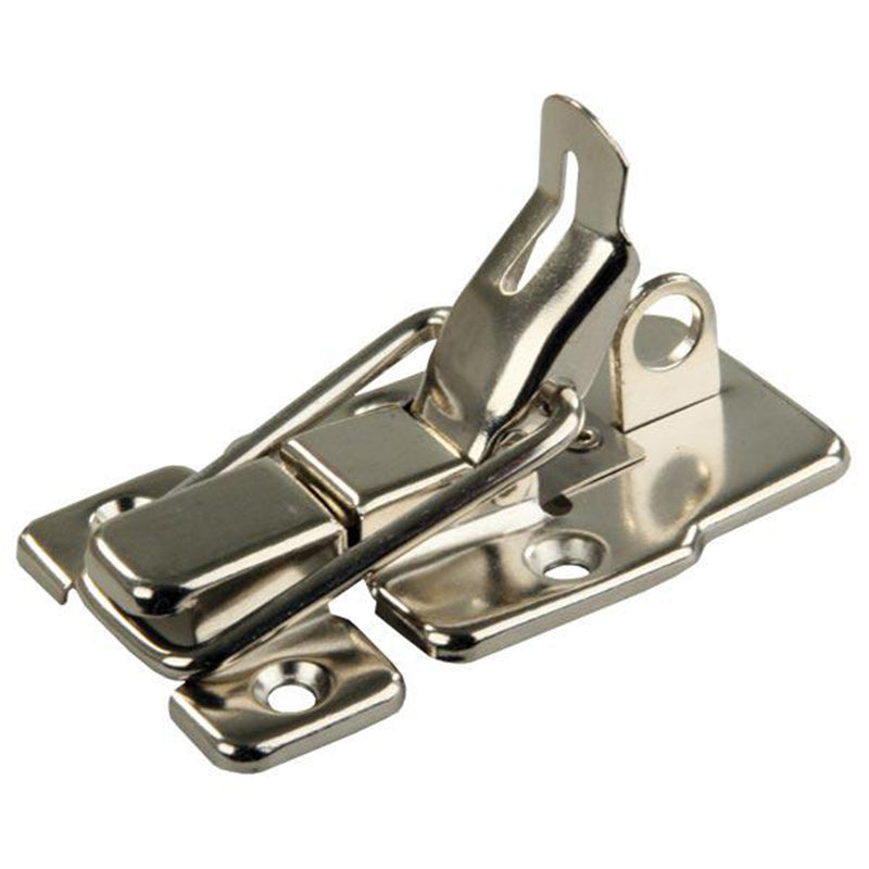 A metal shower door latch and strike, typically used with fold down hard sided shower walls.