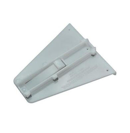 A white drawer guide with multiple attachment points, typically used at the rear of larger cabinet drawers.