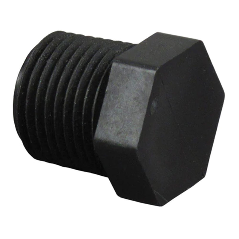 Black plastic drain plug for a water tank.