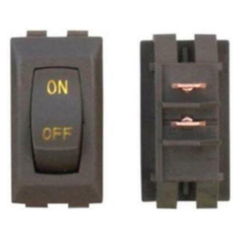 A black 2 position 12 volt rocker switch for applications such as porch light or water pump. The switch has 'ON' and 'OFF' markings.