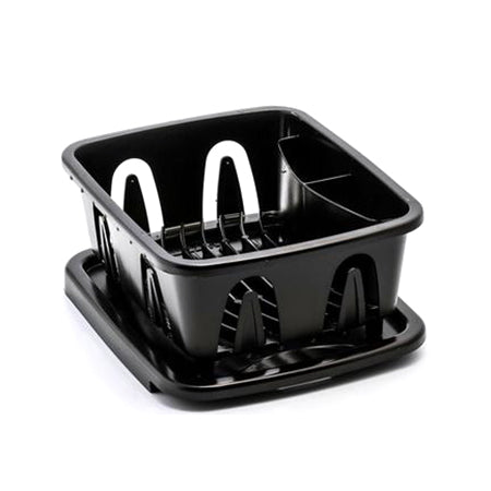 A black mini dish drainer with a sloped drainer tray and white drain rack, designed for smaller counter spaces.