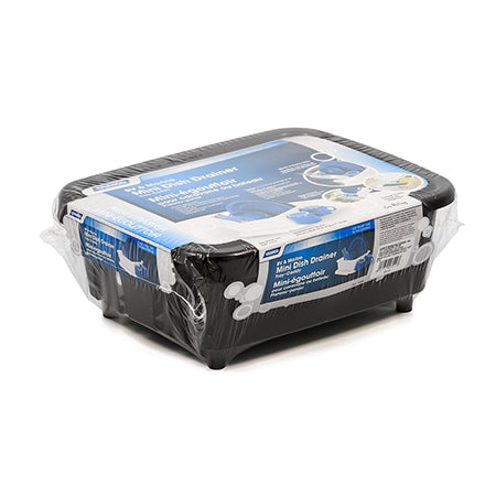 side view of the black dish drainer in the retail packaging