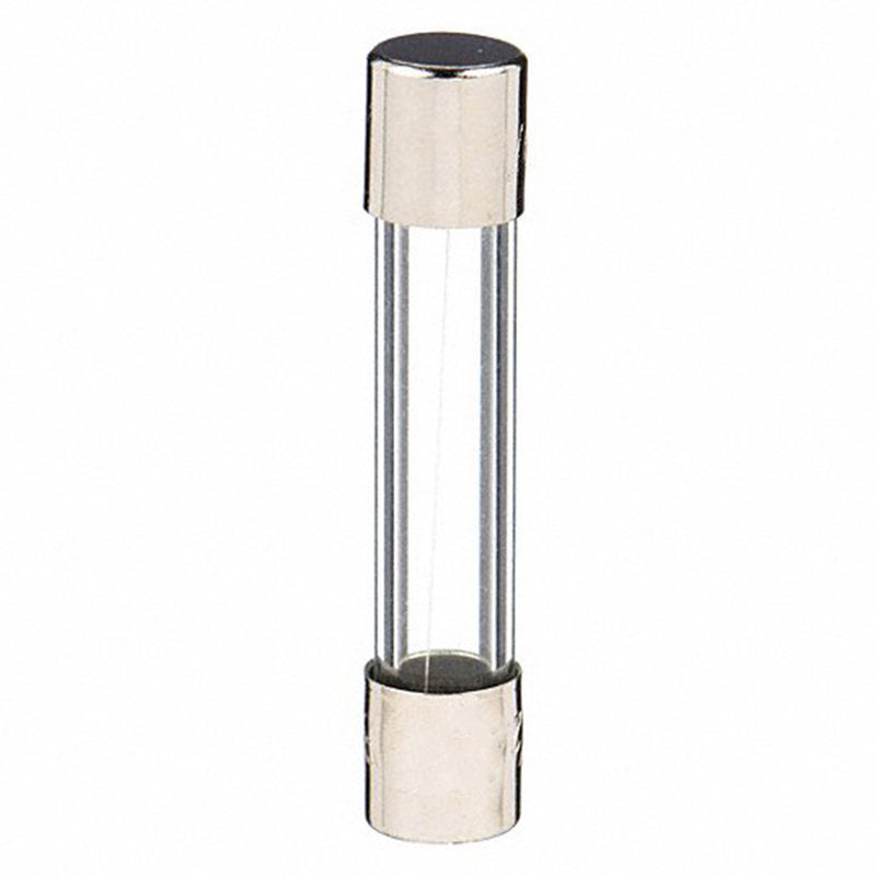 A cylindrical glass fuse with metal ends, designed for use in electronic devices to prevent overloads and short circuits.