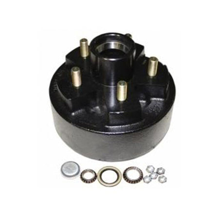 A black brake drum assembly with 5 lug nuts, bearings, races, and seals for a camper.