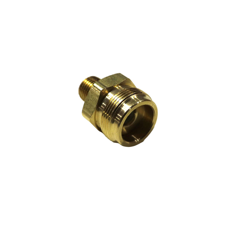 A gold-colored metal high pressure exterior connection fitting, brass, with threaded connections and a check valve.