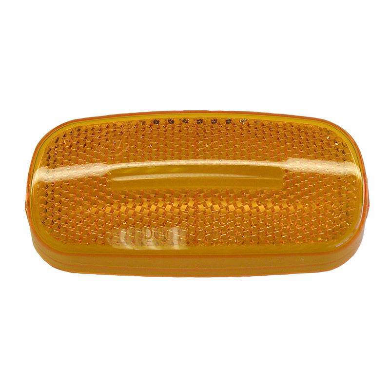 A rectangular amber lens for a Coleman Fleetwood marker lamp.