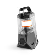 A black and gray rechargeable lantern with a carabiner-style carry handle and USB output connector, branded as NEBO.