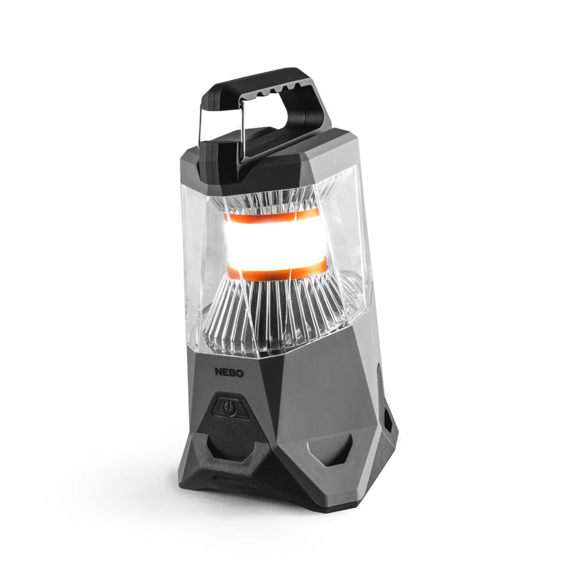 A black and gray rechargeable lantern with a carabiner-style carry handle and USB output connector, branded as NEBO.