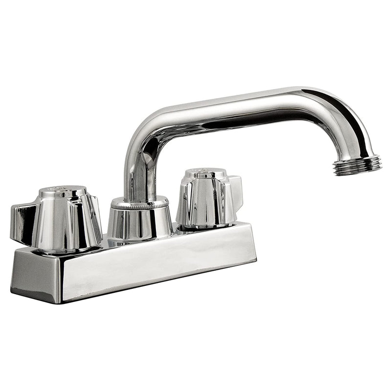 A silver, brass galley kitchen sink faucet with a low arch and two knobs on the base, displayed against a white background.