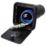 A black spray-away port with a blue coiled hose neatly stored inside, designed for use with RVs and campers.