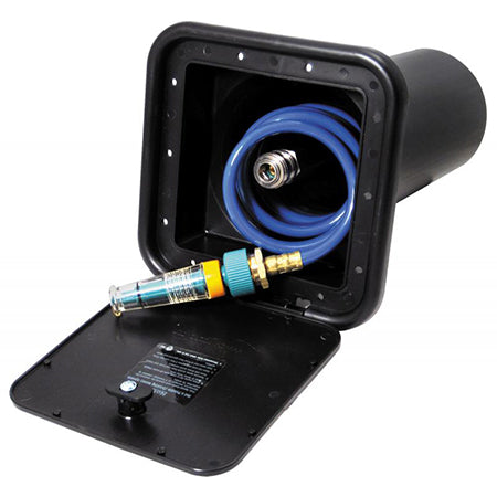 A black spray-away port with a blue coiled hose neatly stored inside, designed for use with RVs and campers.