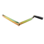 A multicolored metal crank handle with a black grip, likely made of aluminum or a similar alloy, used for raising and lowering the roof on campers or RVs.