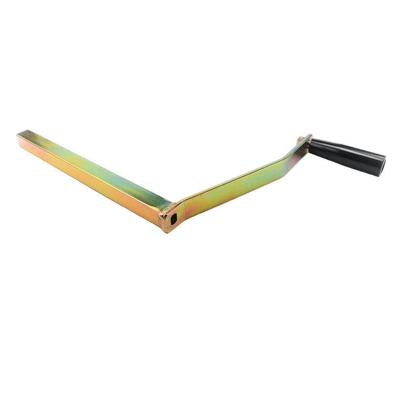 A multicolored metal crank handle with a black grip, likely made of aluminum or a similar alloy, used for raising and lowering the roof on campers or RVs.
