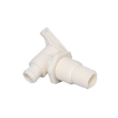 A white drain valve with threaded fittings.
